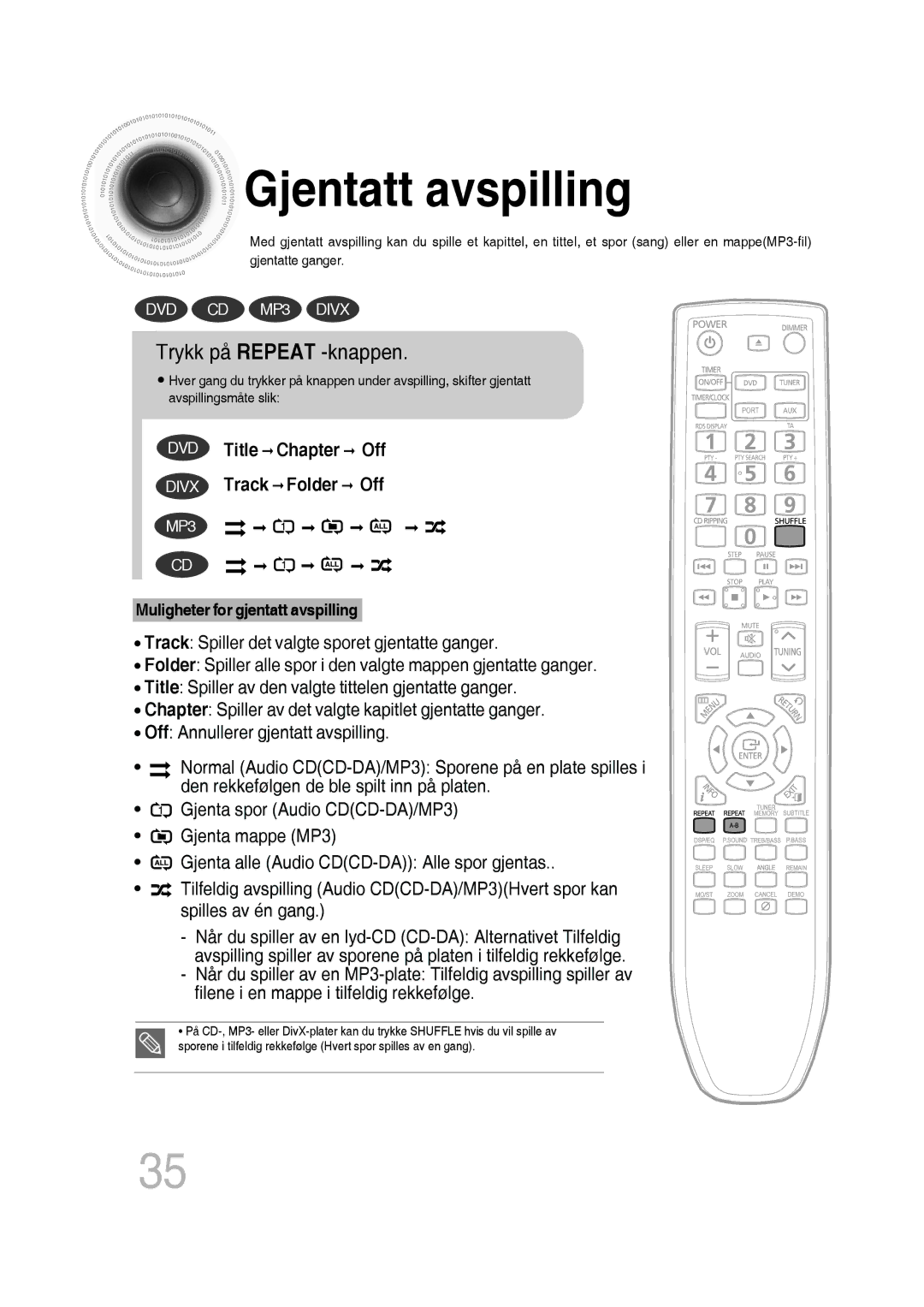 Samsung MM-D430D/XE, MM-D530D/XE manual Gjentatt avspilling, Trykk på Repeat -knappen 