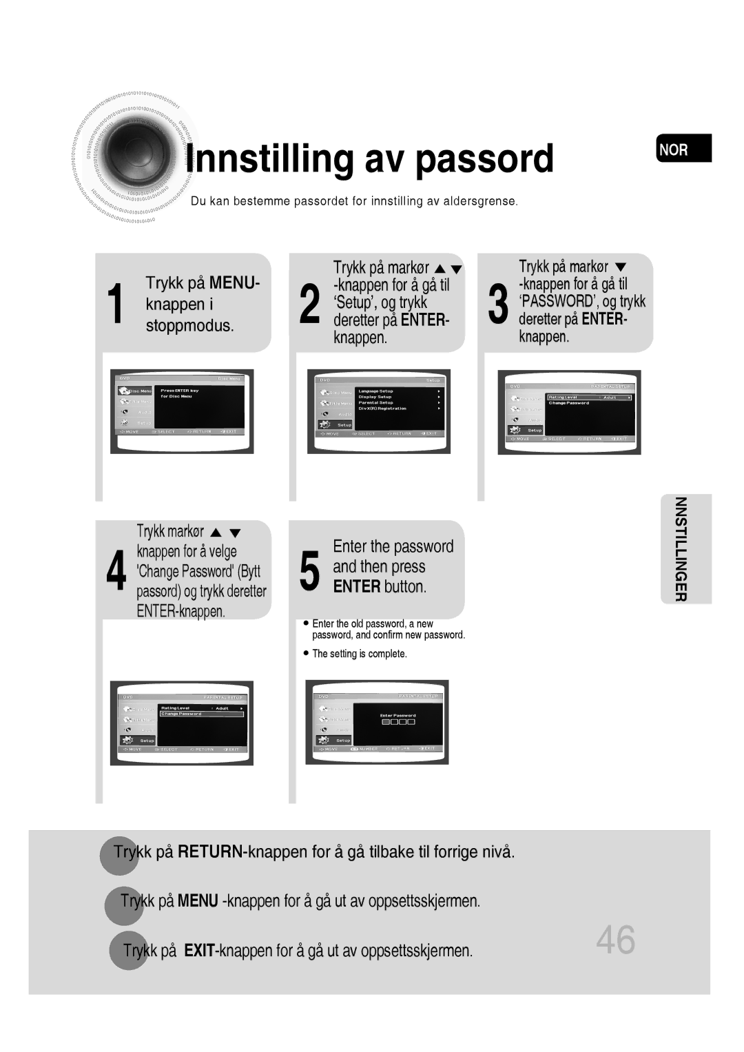 Samsung MM-D530D/XE, MM-D430D/XE manual Innstilling av passord, Enter the password 