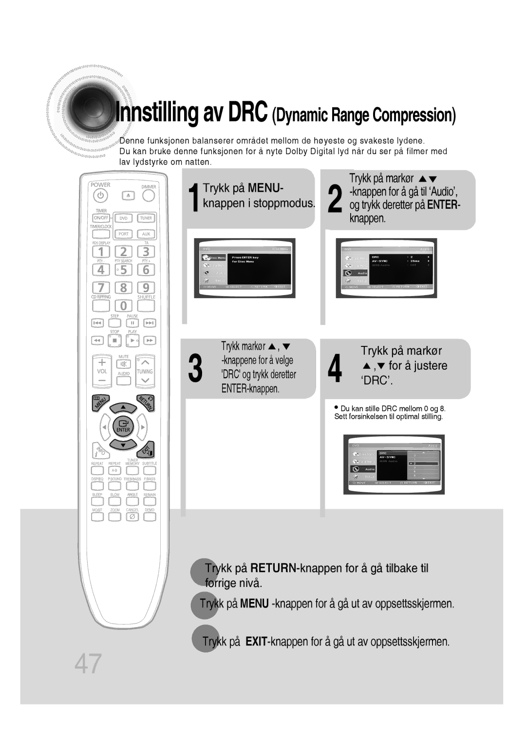 Samsung MM-D430D/XE, MM-D530D/XE manual Innstilling av DRC Dynamic Range Compression, ENTER-knappen 