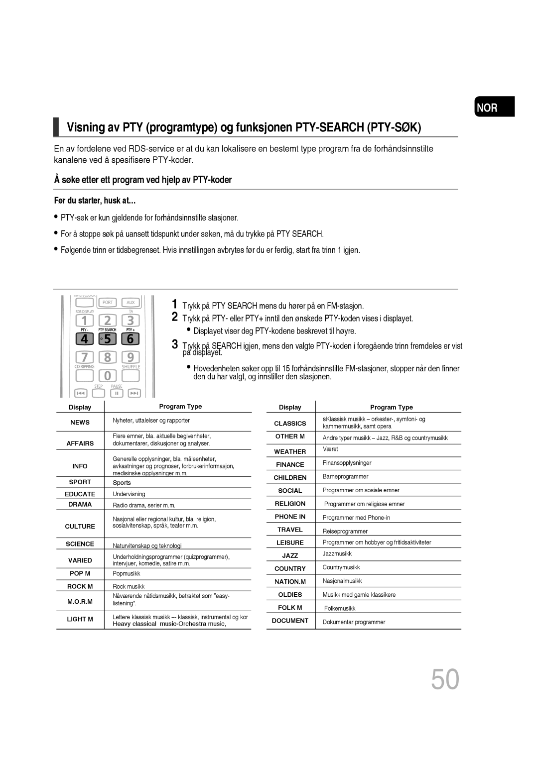 Samsung MM-D530D/XE, MM-D430D/XE manual Visning av PTY programtype og funksjonen PTY-SEARCH PTY-SØK 