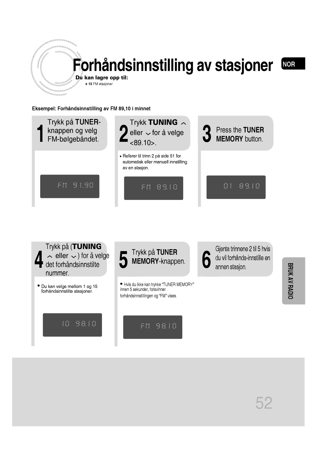 Samsung MM-D530D/XE, MM-D430D/XE manual Trykk Tuning Eller for å velge Press the Tuner, Memory button 