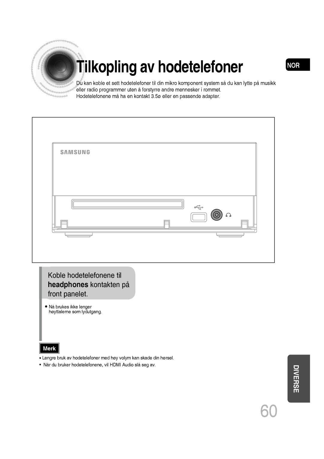 Samsung MM-D530D/XE, MM-D430D/XE manual Tilkopling av hodetelefoner 