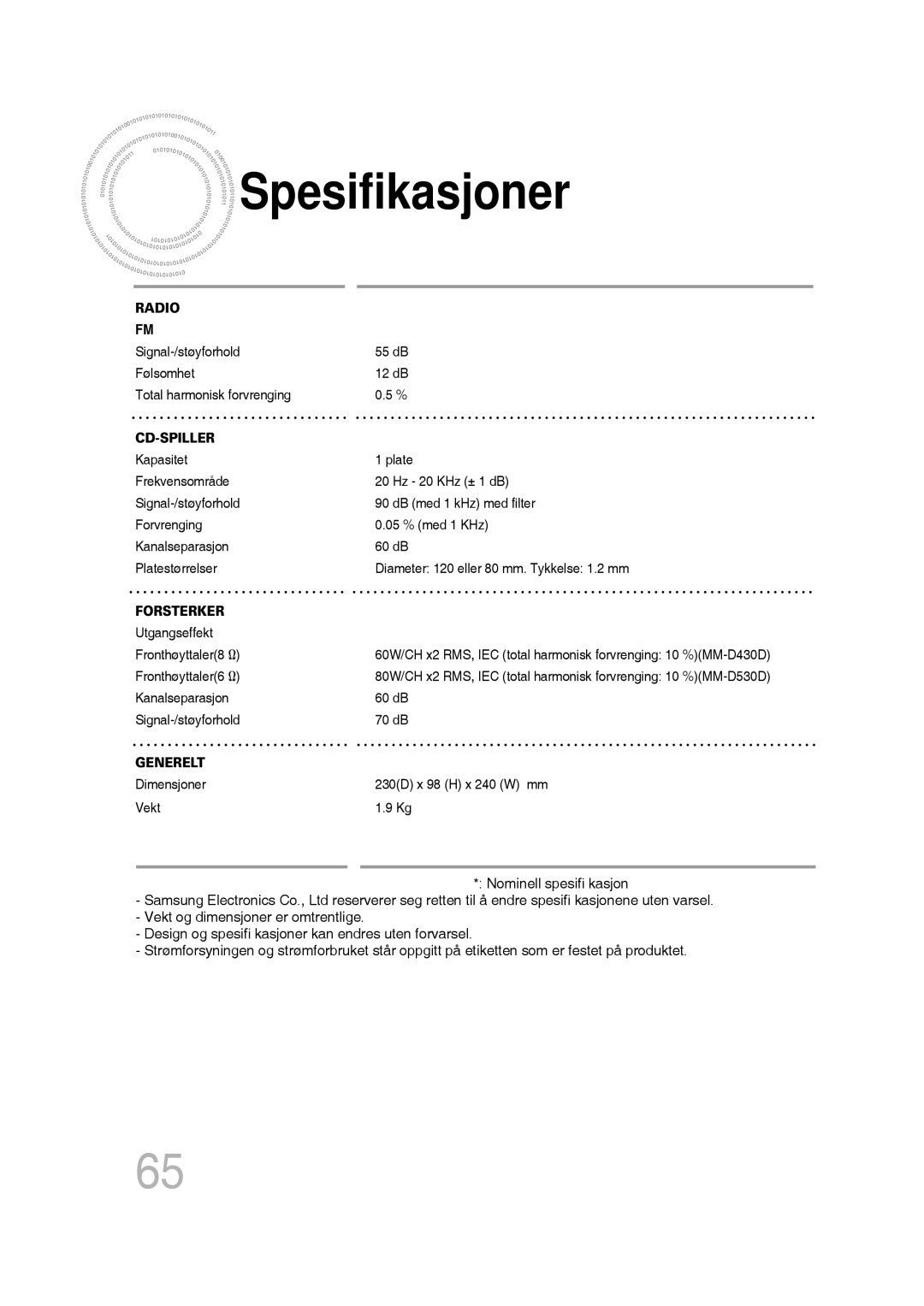 Samsung MM-D430D/XE, MM-D530D/XE manual Spesifikasjoner, Cd-Spiller 