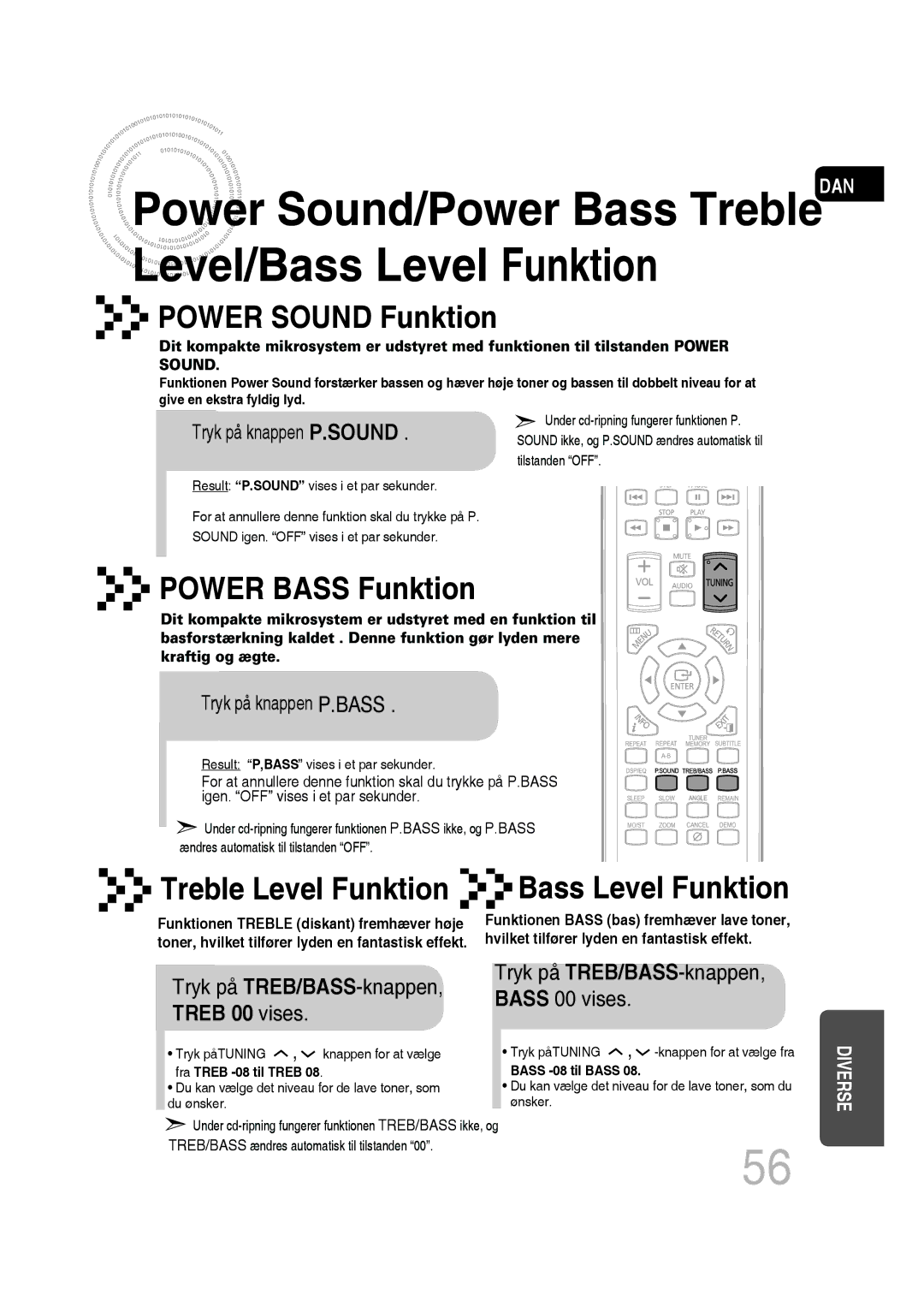 Samsung MM-D530D/XE, MM-D430D/XE Tryk på TREB/BASS-knappen, Treb 00 vises, Tryk på knappen P.SOUND, Tryk på knappen P.BASS 