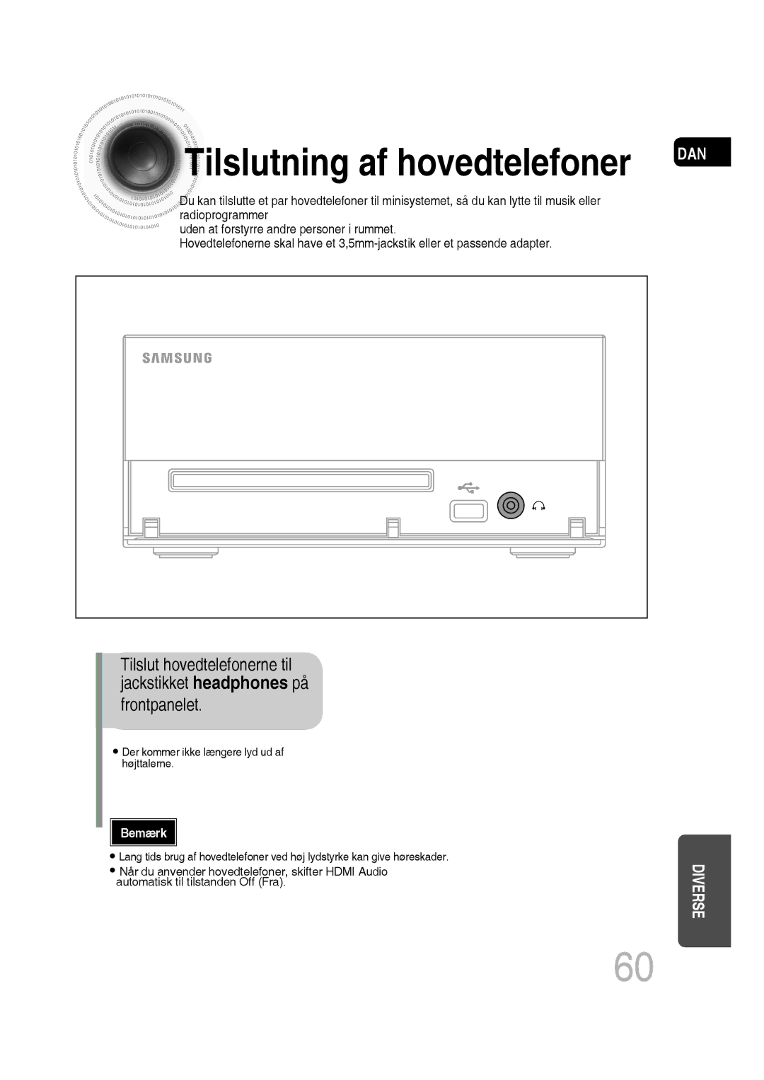 Samsung MM-D530D/XE, MM-D430D/XE manual Frontpanelet, Tilslut hovedtelefonerne til jackstikket headphones på 