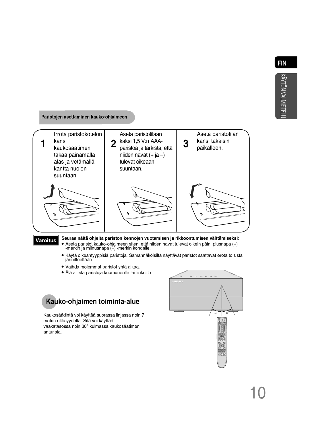 Samsung MM-D530D/XE, MM-D430D/XE manual Kauko-ohjaimen toiminta-alue, Irrota paristokotelon 