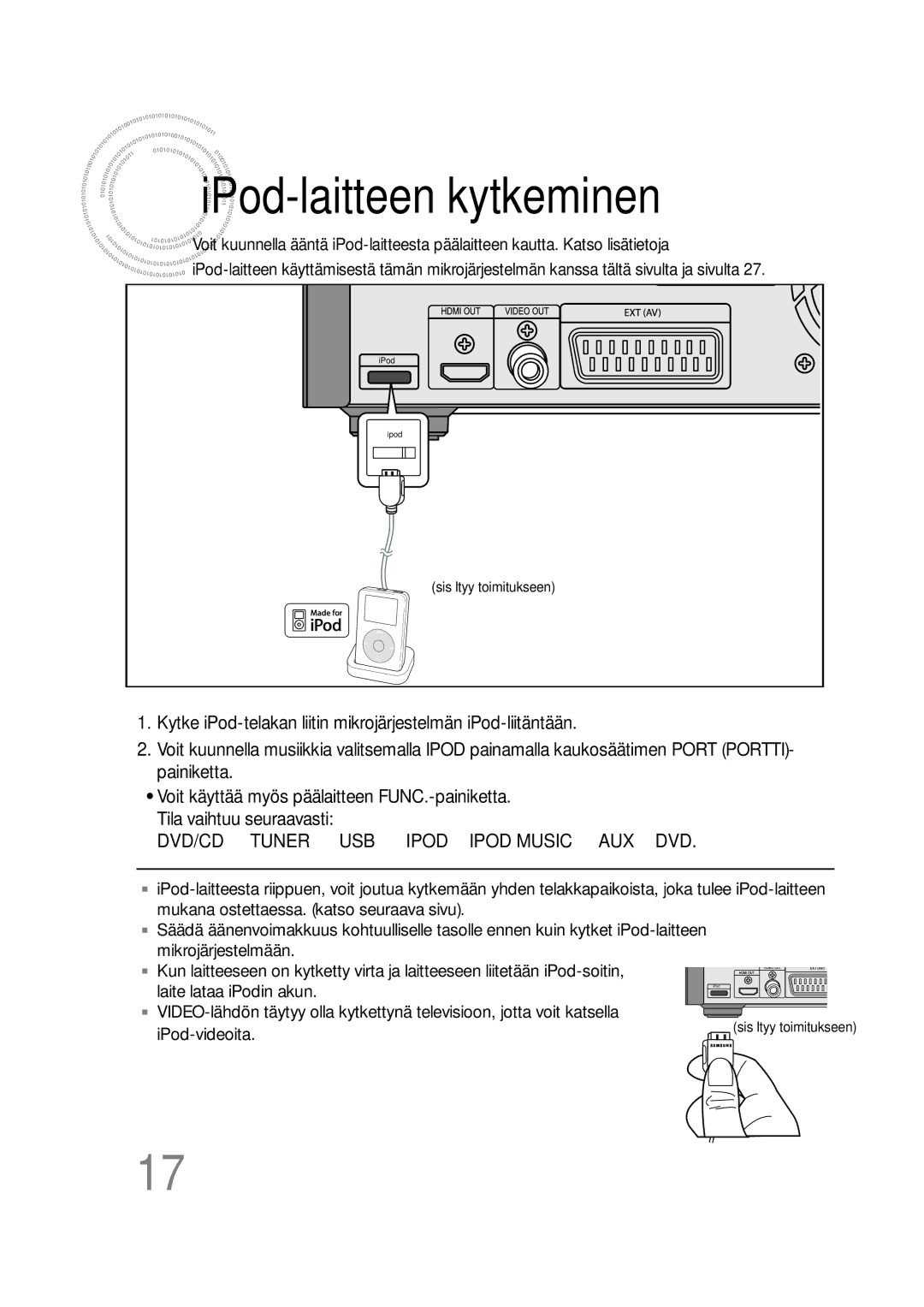 Samsung MM-D430D/XE, MM-D530D/XE manual IPod -laitteen kytkeminen, IPod-videoita, Sisältyy toimitukseen 