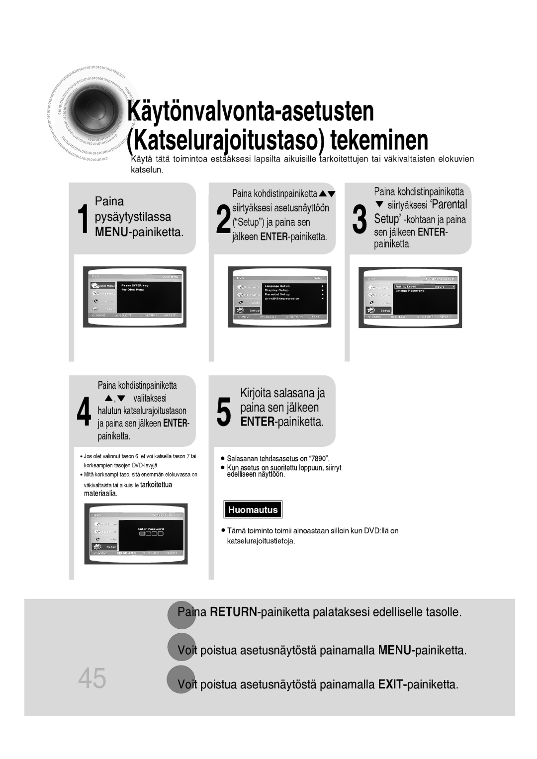 Samsung MM-D430D/XE Kirjoita salasana ja, Voit poistua asetusnäytöstä painamalla EXIT-painiketta, Kohdistinpainiketta 