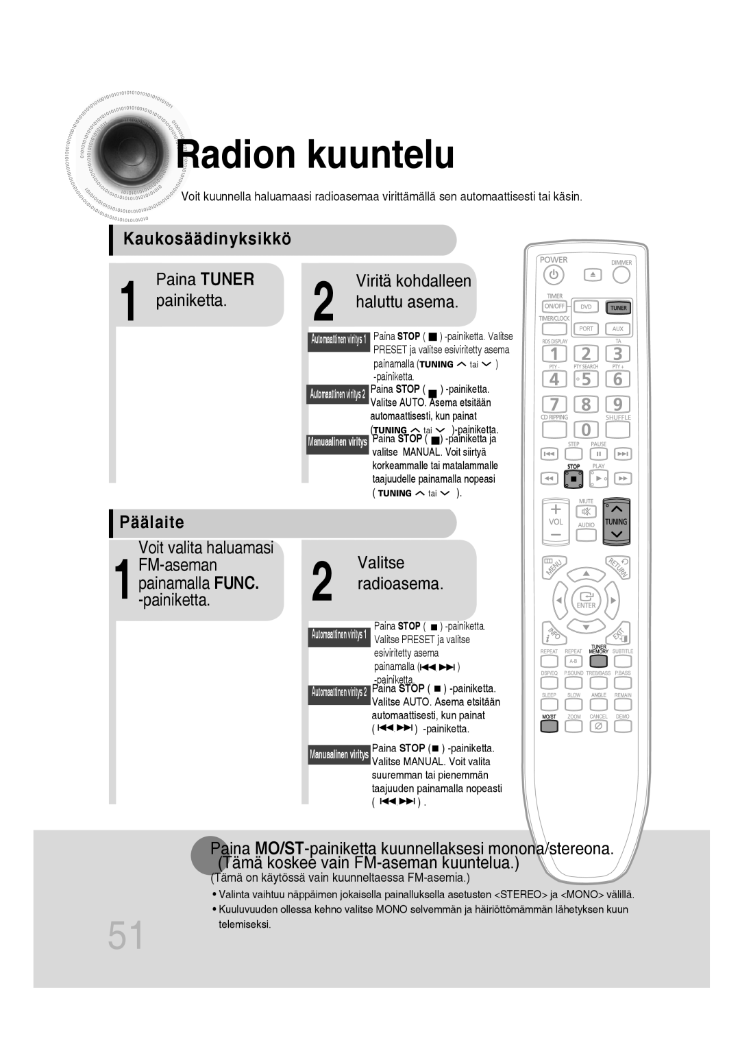 Samsung MM-D430D/XE, MM-D530D/XE Radion kuuntelu, Paina Tuner, Painiketta Haluttu asema, Päälaite, Voit valita haluamasi 