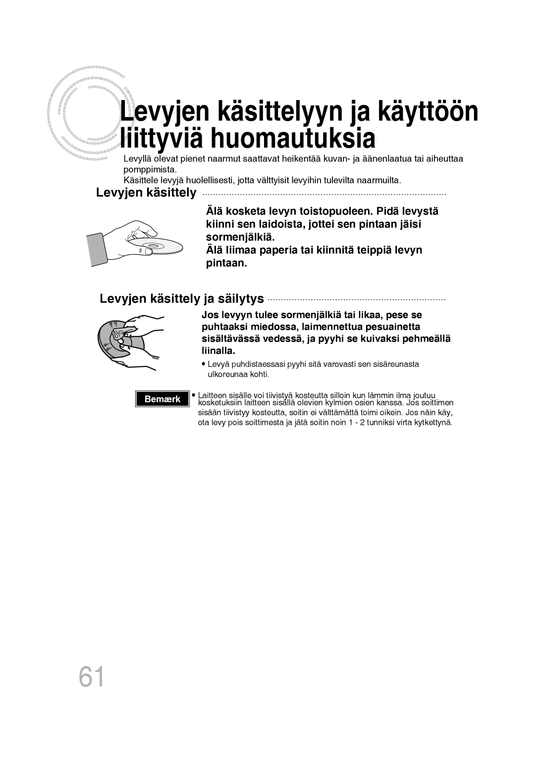 Samsung MM-D430D/XE, MM-D530D/XE manual Levyjen käsittely ja säilytys 