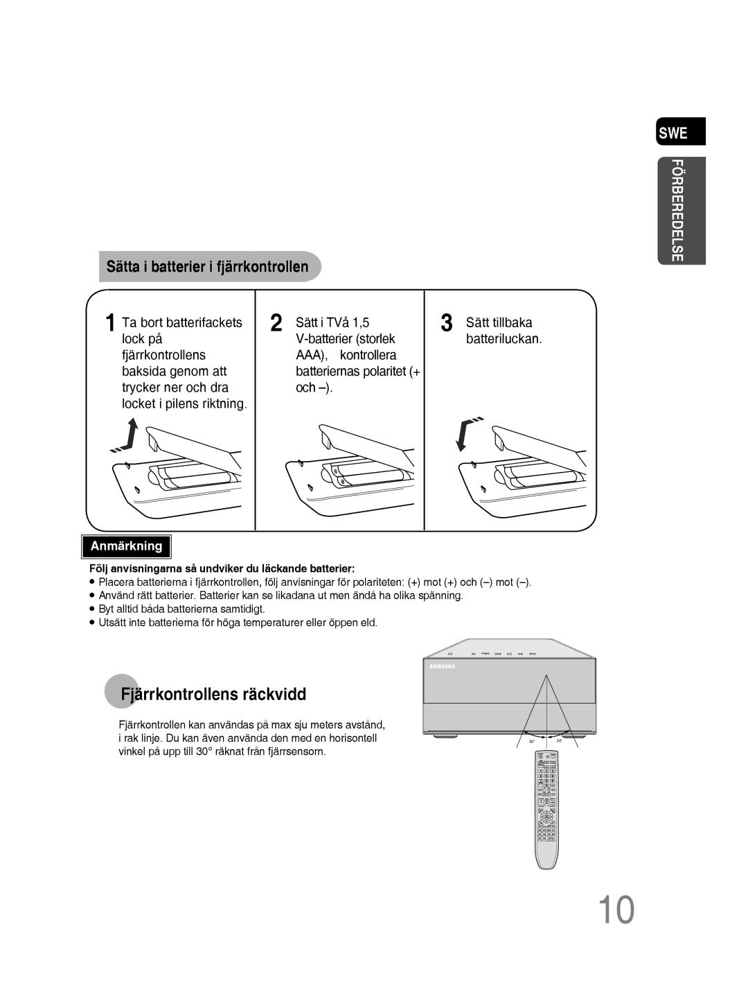 Samsung MM-D530D/XE, MM-D430D/XE manual Fjärrkontrollens räckvidd, Följ anvisningarna så undviker du läckande batterier 