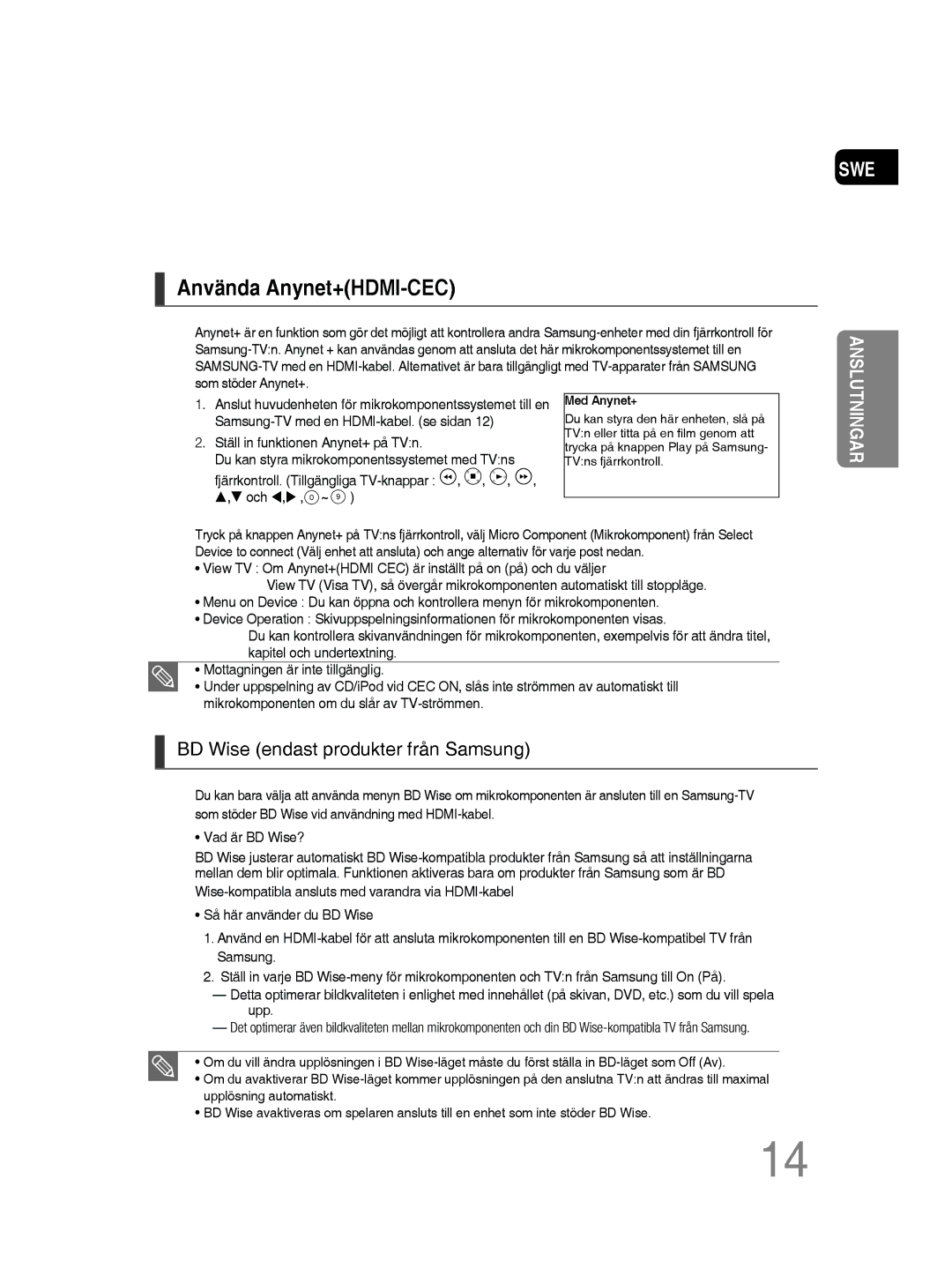 Samsung MM-D530D/XE, MM-D430D/XE manual Använda Anynet+HDMI-CEC, BD Wise endast produkter från Samsung 