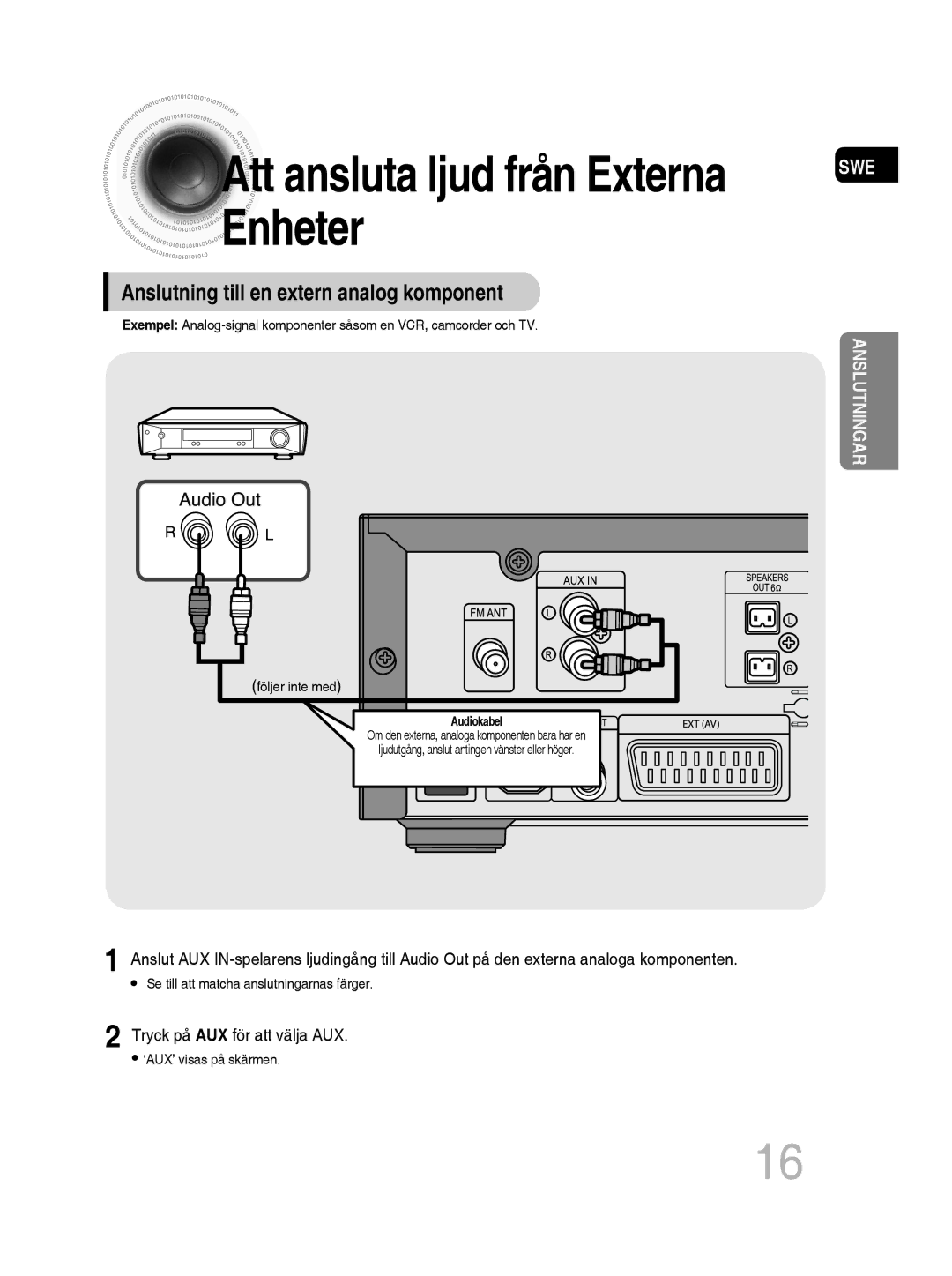 Samsung MM-D530D/XE, MM-D430D/XE manual Att ansluta ljud från Externa Enheter, Anslutning till en extern analog komponent 