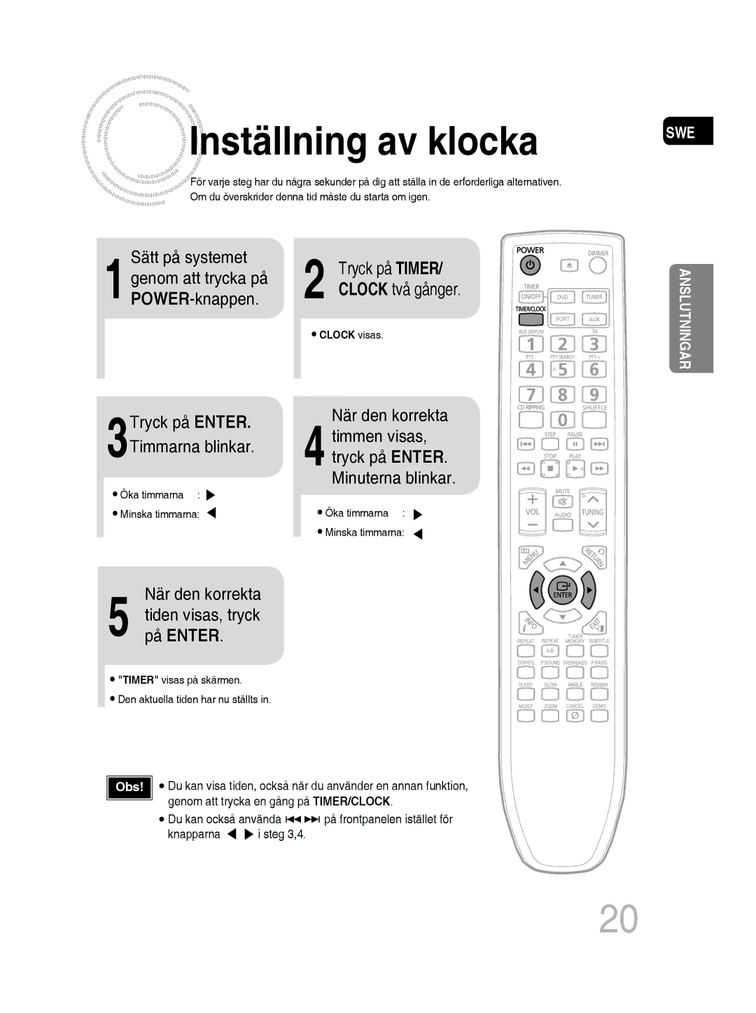 Samsung MM-D530D/XE, MM-D430D/XE manual Inställning av klocka, När den korrekta Tiden visas, tryck, På Enter 