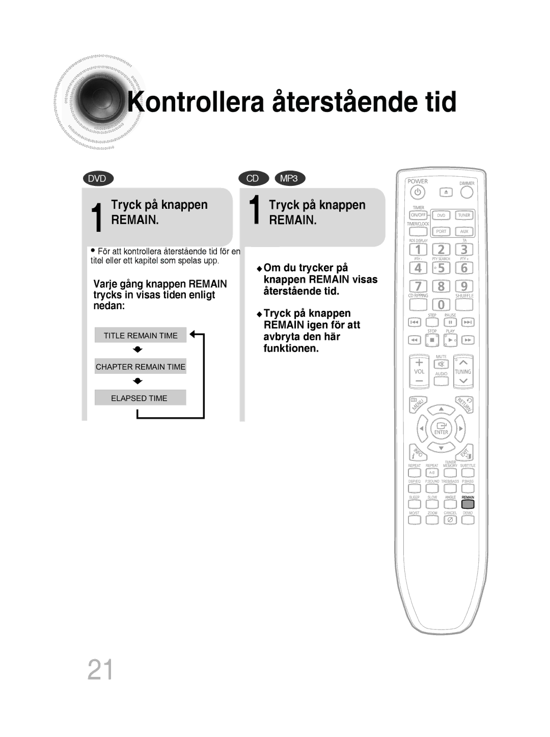 Samsung MM-D430D/XE, MM-D530D/XE manual Kontrollera återstående tid, Tryck på knappen 