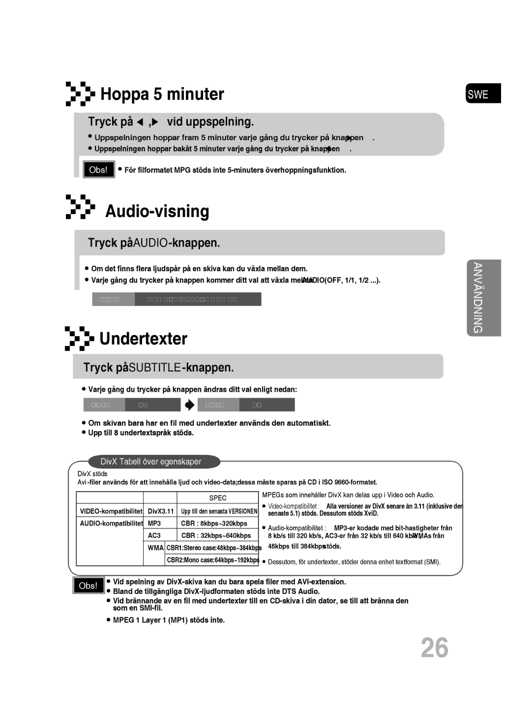 Samsung MM-D530D/XE, MM-D430D/XE manual Tryck på AUDIO-knappen, Tryck på SUBTITLE-knappen 