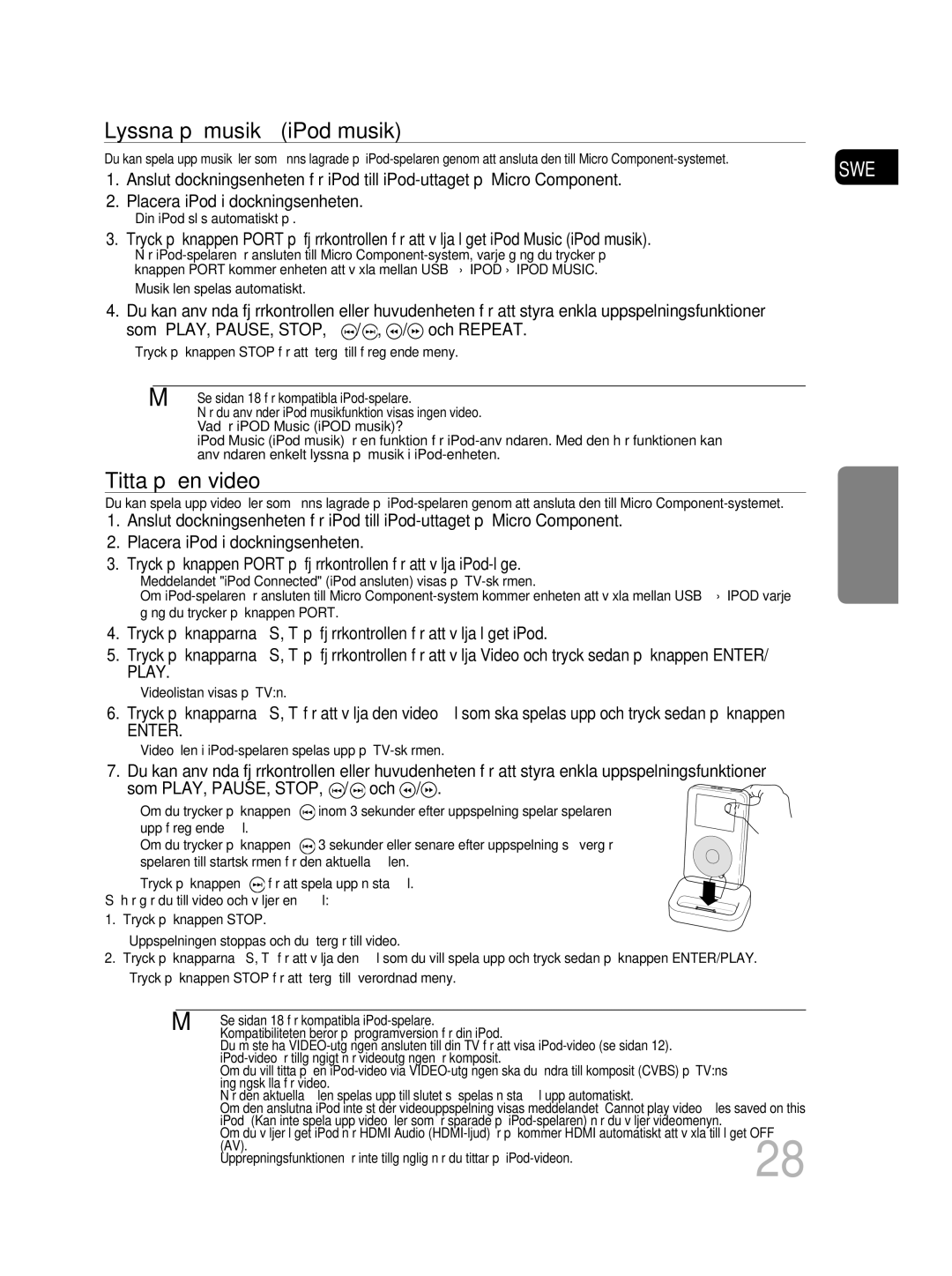 Samsung MM-D530D/XE, MM-D430D/XE manual Lyssna på musikiPod musik, Titta på en video 