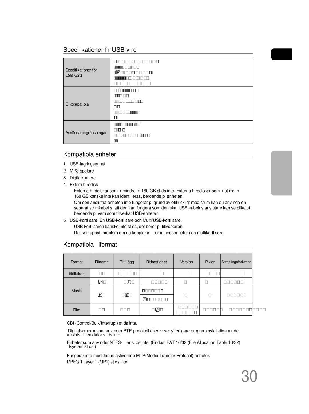 Samsung MM-D530D/XE, MM-D430D/XE manual Speciﬁkationer för USB-värd, Kompatibla enheter, Kompatibla ﬁlformat 