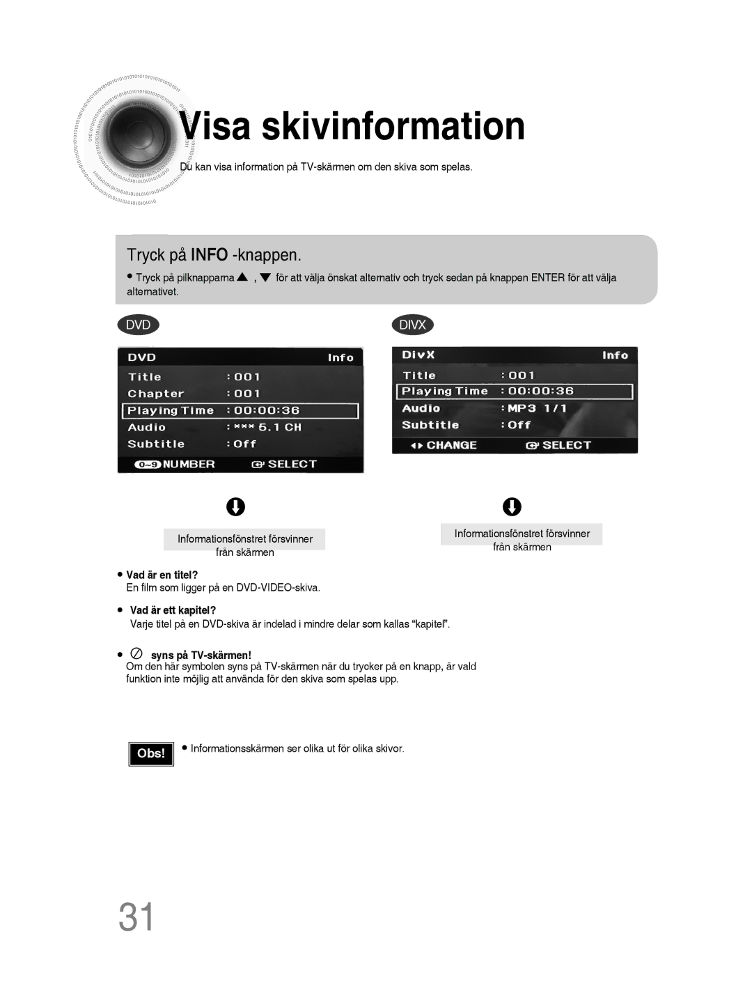 Samsung MM-D430D/XE, MM-D530D/XE manual Visa skivinformation, Tryck på Info -knappen 