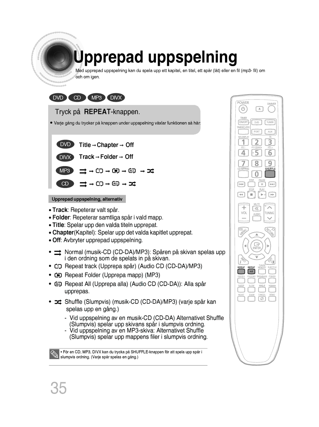 Samsung MM-D430D/XE, MM-D530D/XE manual Upprepad uppspelning, Tryck på REPEAT-knappen 