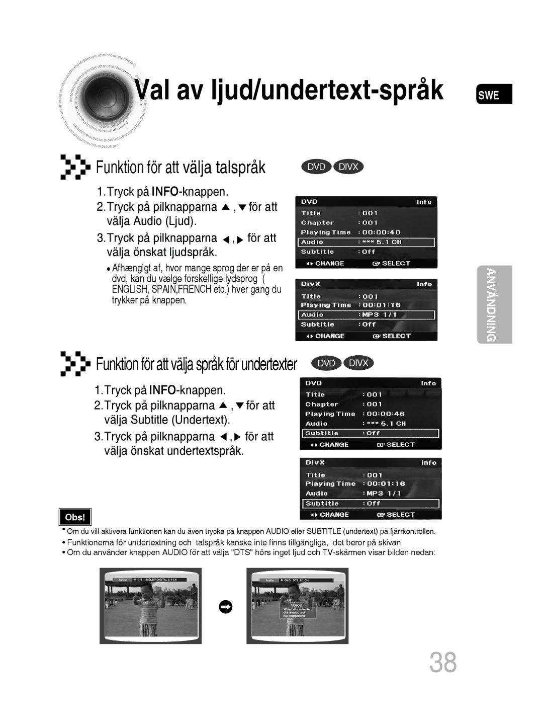 Samsung MM-D530D/XE, MM-D430D/XE manual Val av ljud/undertext-språk SWE 