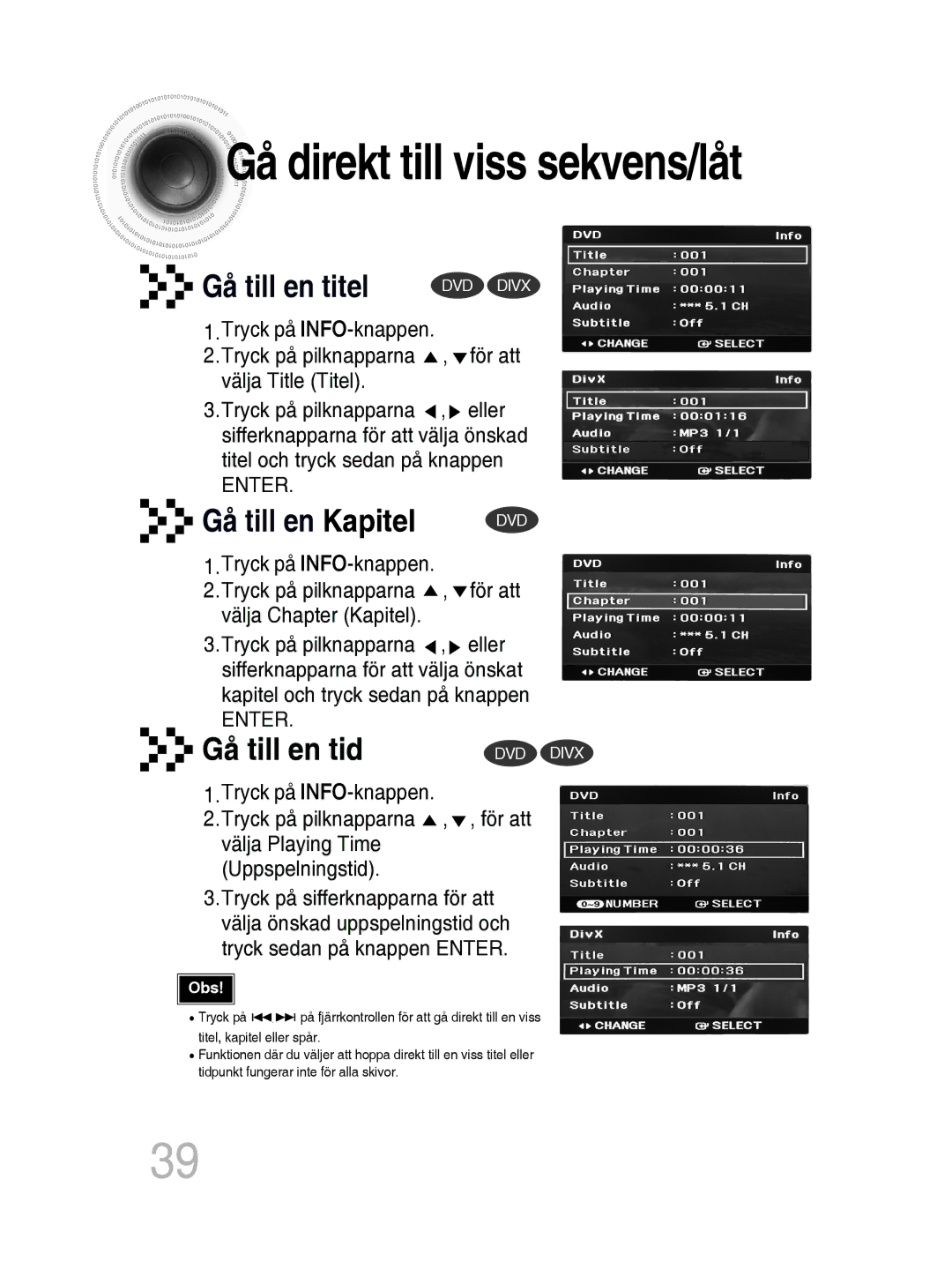 Samsung MM-D430D/XE, MM-D530D/XE manual Gå direkt till viss sekvens/låt 