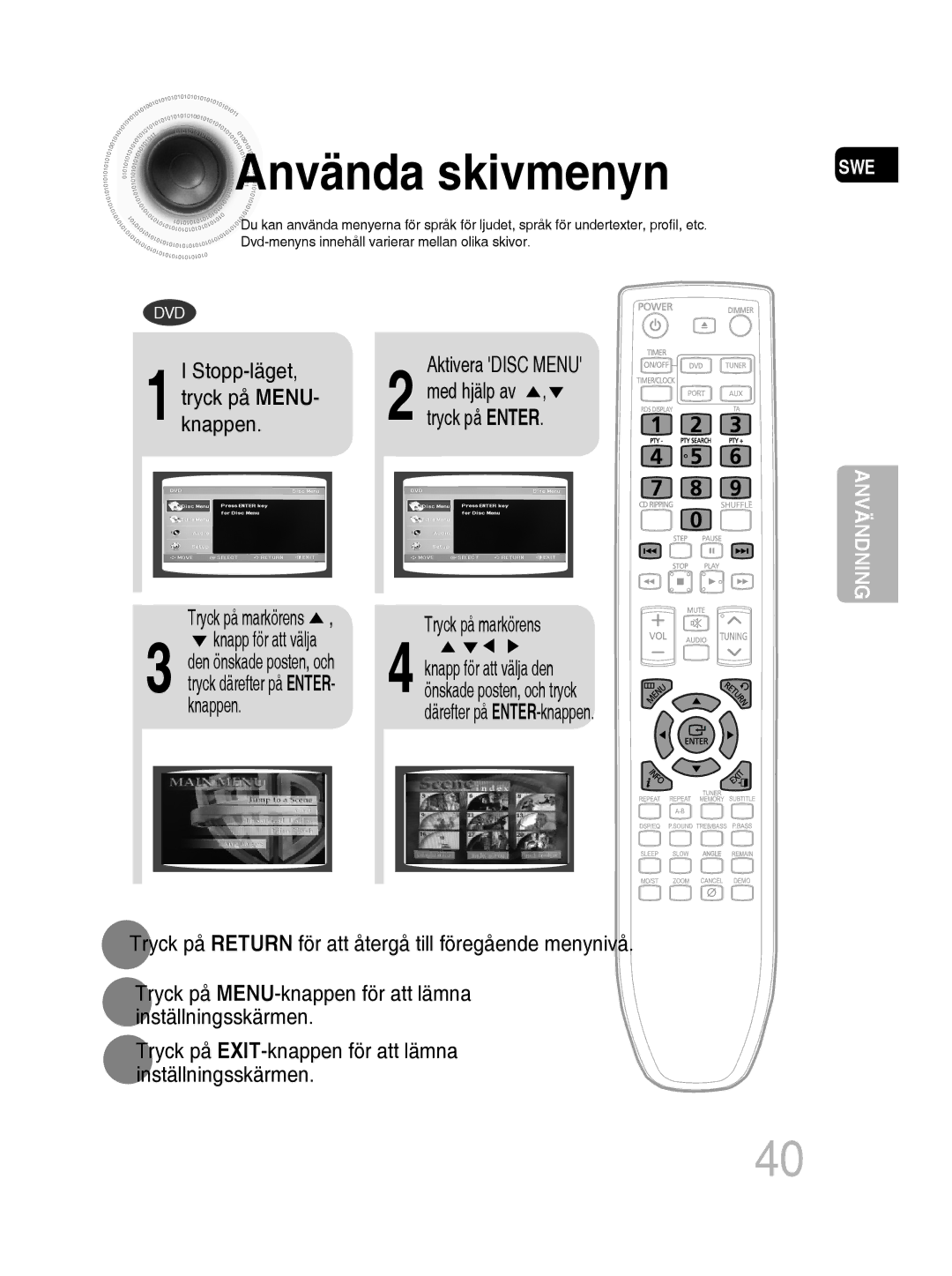 Samsung MM-D530D/XE, MM-D430D/XE manual Använda skivmenyn, Tryck på markörens, Tryck därefter på ENTER- knappen 