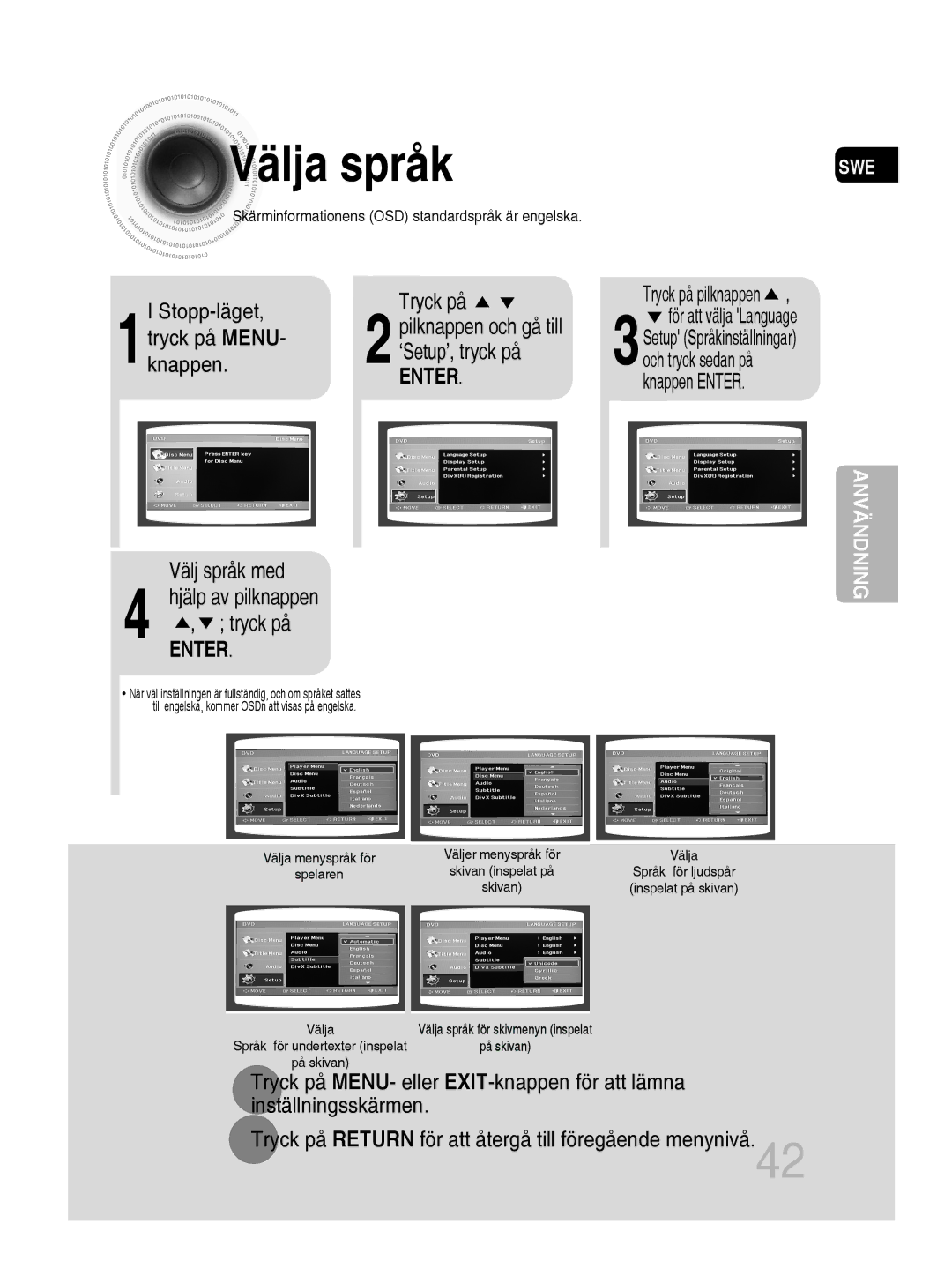 Samsung MM-D530D/XE, MM-D430D/XE manual Välj språk med, ‘Setup’, tryck på 