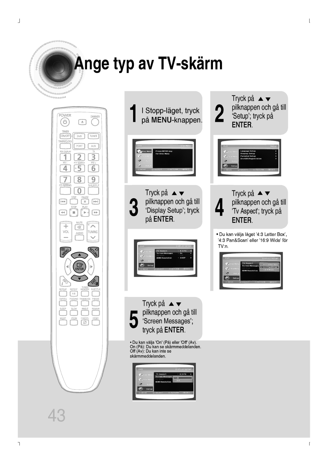 Samsung MM-D430D/XE, MM-D530D/XE manual Ange typ av TV-skärm, Tryck på, Stopp-läget, tryck, MENU-knappen 