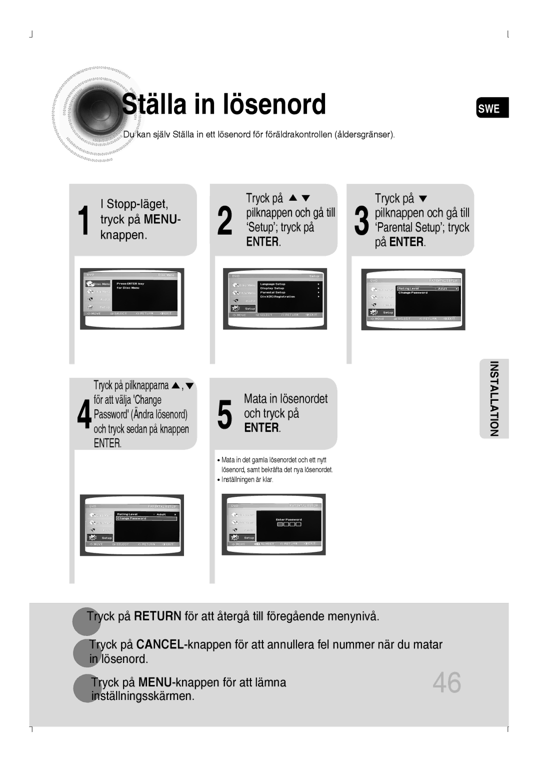 Samsung MM-D530D/XE, MM-D430D/XE manual Ställa in lösenord, Stopp-läget Tryck på, Tryck på Menu ‘Setup’ tryck på, Knappen 