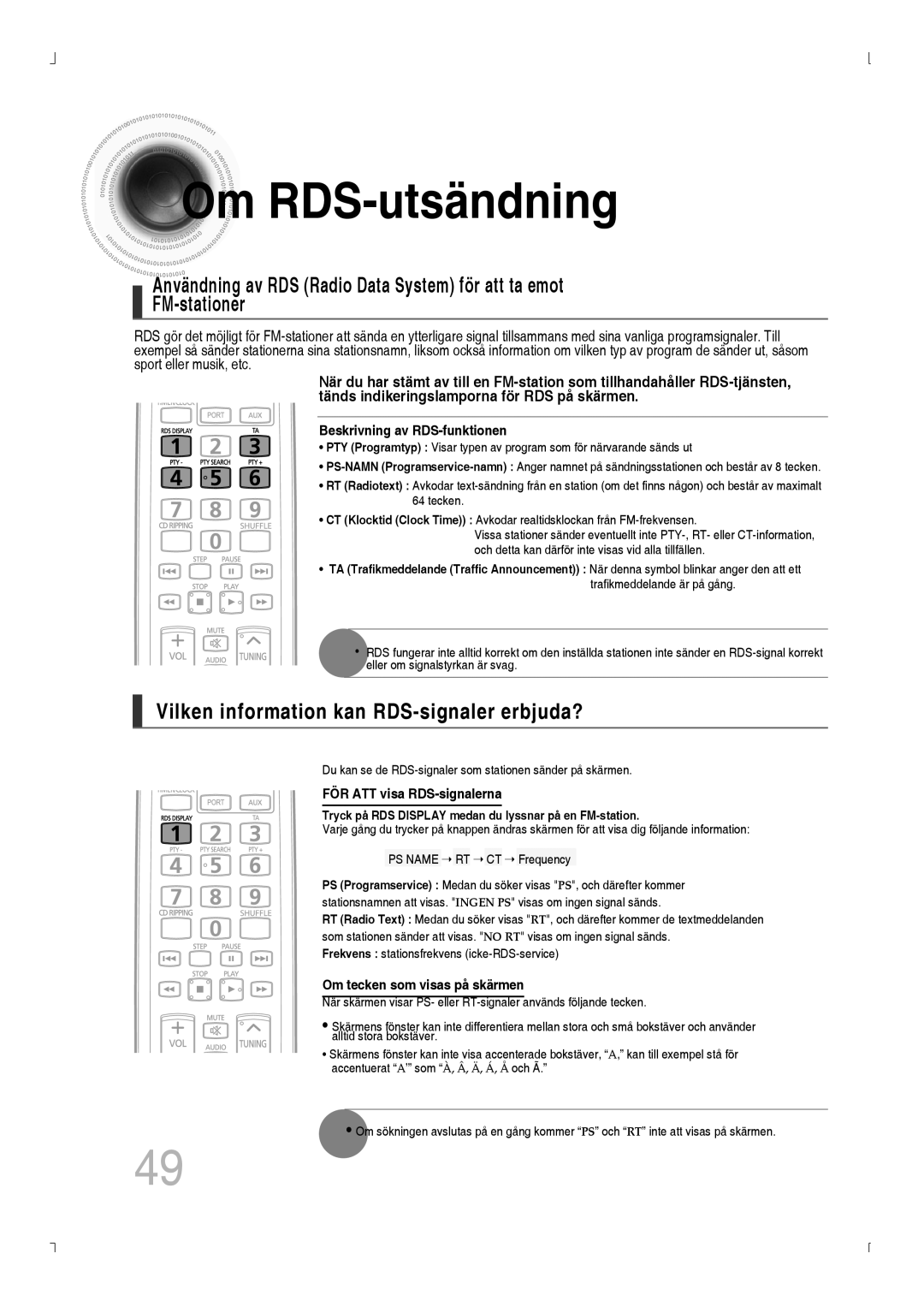 Samsung MM-D430D/XE, MM-D530D/XE manual Om RDS-utsändning, Vilken information kan RDS-signaler erbjuda? 