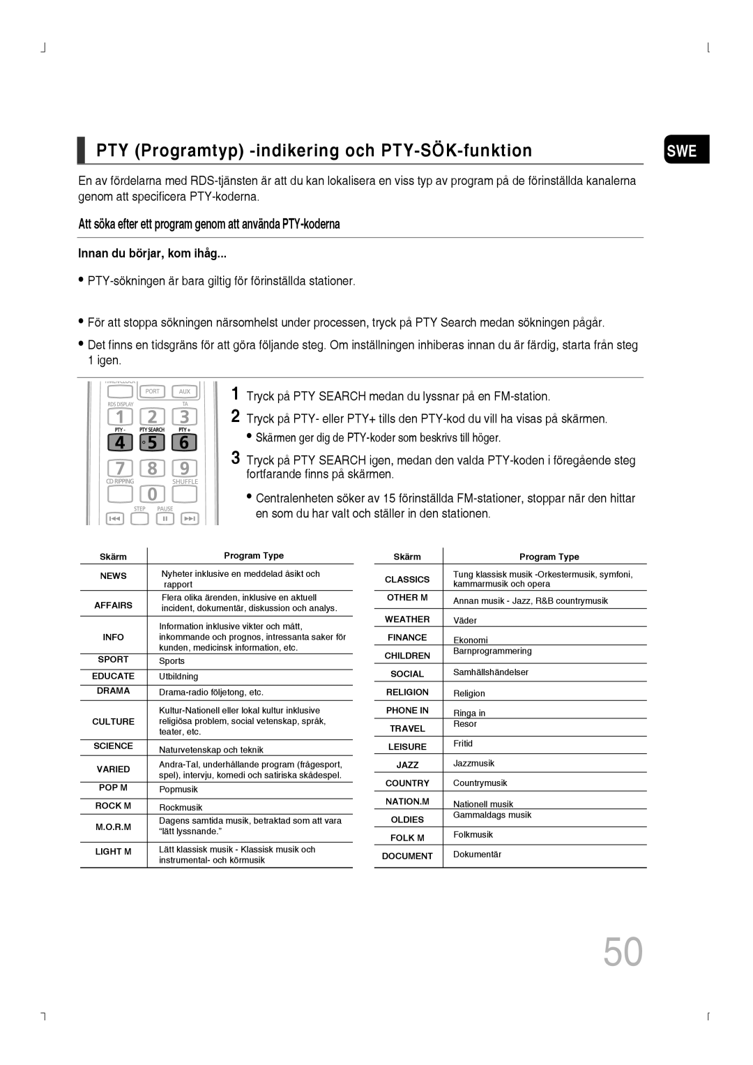 Samsung MM-D530D/XE, MM-D430D/XE manual PTY Programtyp -indikering och PTY-SÖK-funktion 