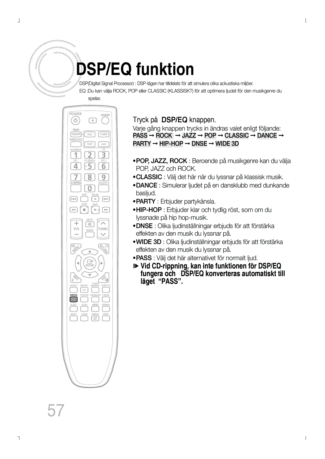 Samsung MM-D430D/XE, MM-D530D/XE manual DSP/EQ funktion, Tryck på DSP/EQ knappen, Läget Pass 