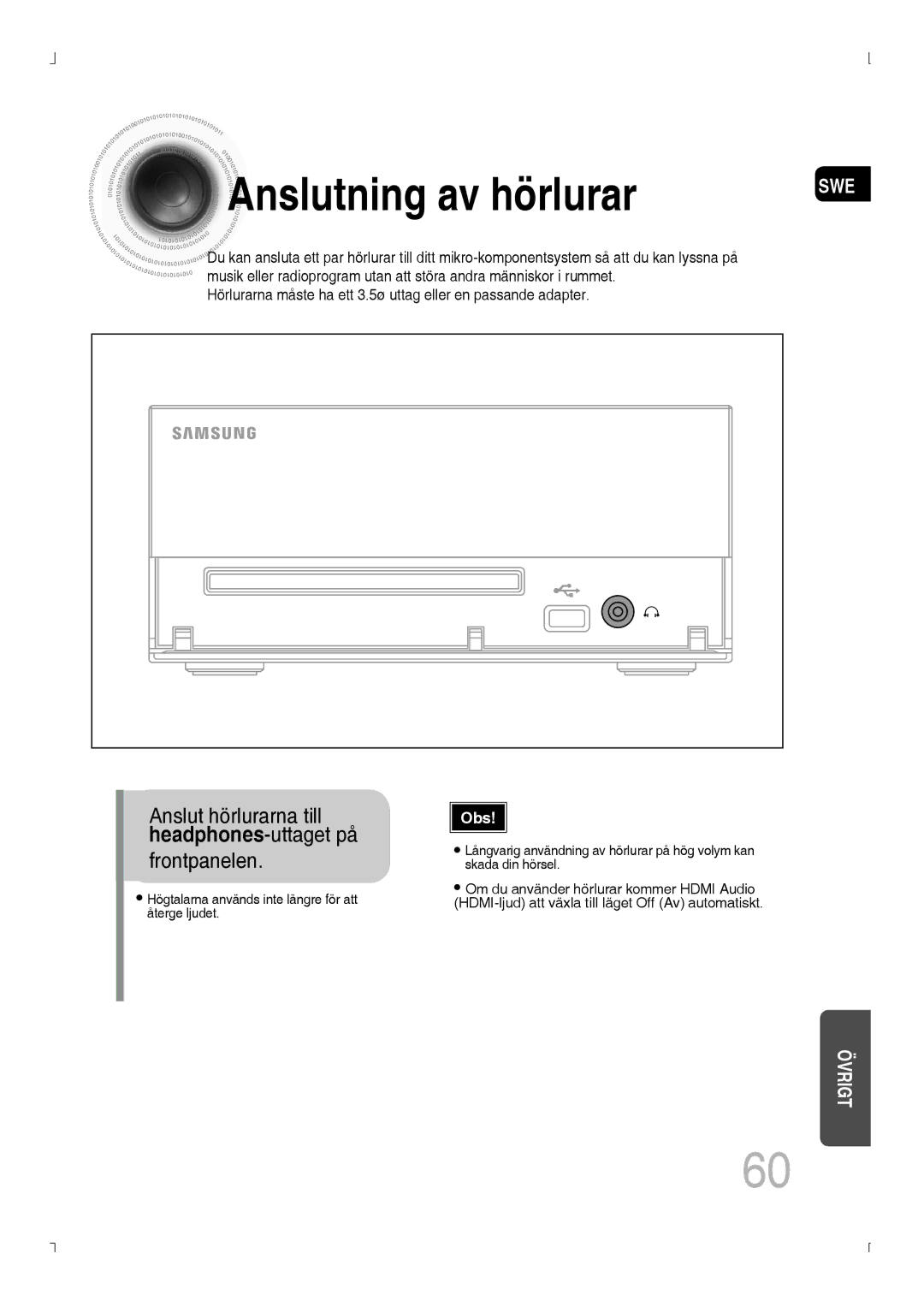 Samsung MM-D530D/XE, MM-D430D/XE manual Anslutning av hörlurar, Frontpanelen 