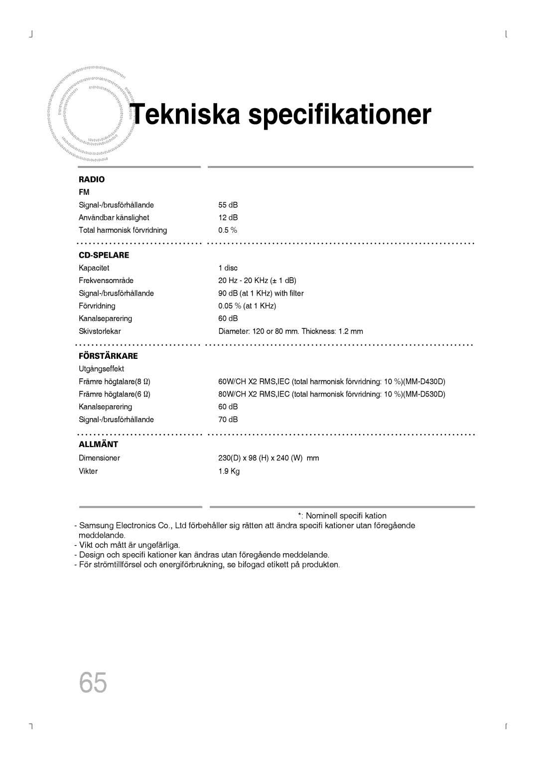 Samsung MM-D430D/XE, MM-D530D/XE manual Tekniska specifikationer, Cd-Spelare 