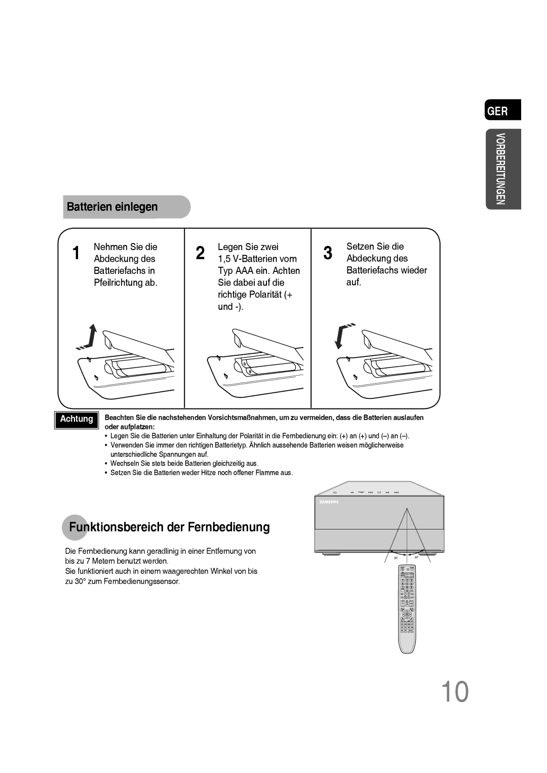 Samsung MM-D530D/RU, MM-D530D/XN, MM-D430D/EN, MM-D430D/XN manual Funktionsbereich der Fernbedienung, Batterien einlegen 