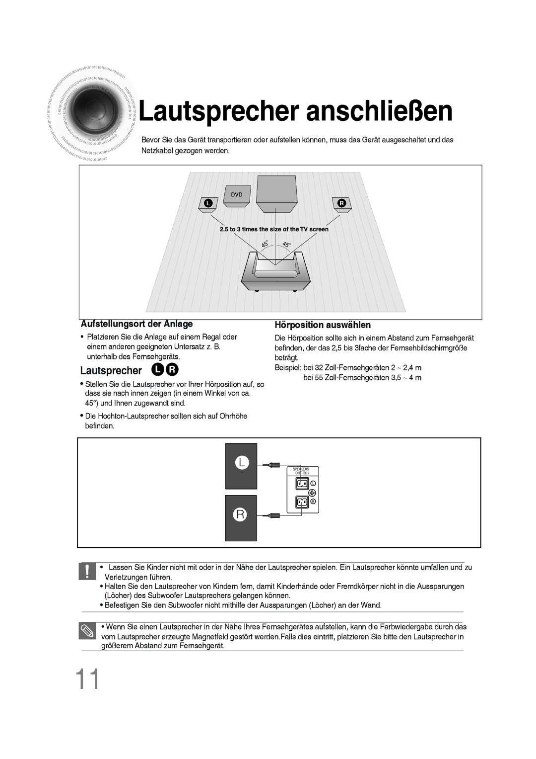 Samsung MM-D430D/ZF, MM-D530D/XN, MM-D430D/EN, MM-D430D/XN, MM-D530D/EN Lautsprecher anschließen, Aufstellungsort der Anlage 