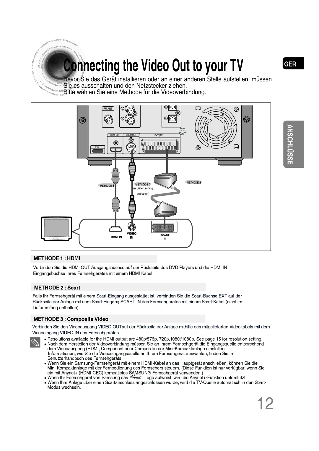 Samsung MM-D530D/XN, MM-D430D/EN, MM-D430D/XN, MM-D530D/EN, MM-D430D/ZX, MM-D530D/RU manual Connecting the Video Out to your TV 