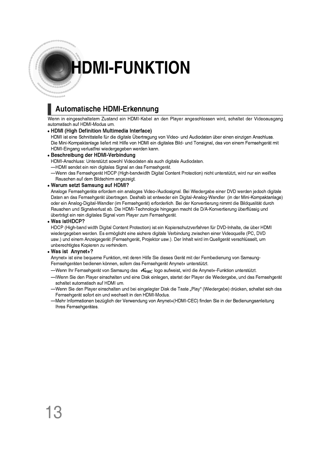 Samsung MM-D430D/EN, MM-D530D/XN, MM-D430D/XN, MM-D530D/EN, MM-D430D/ZX manual Hdmi -FUNKTION, Automatische HDMI-Erkennung 