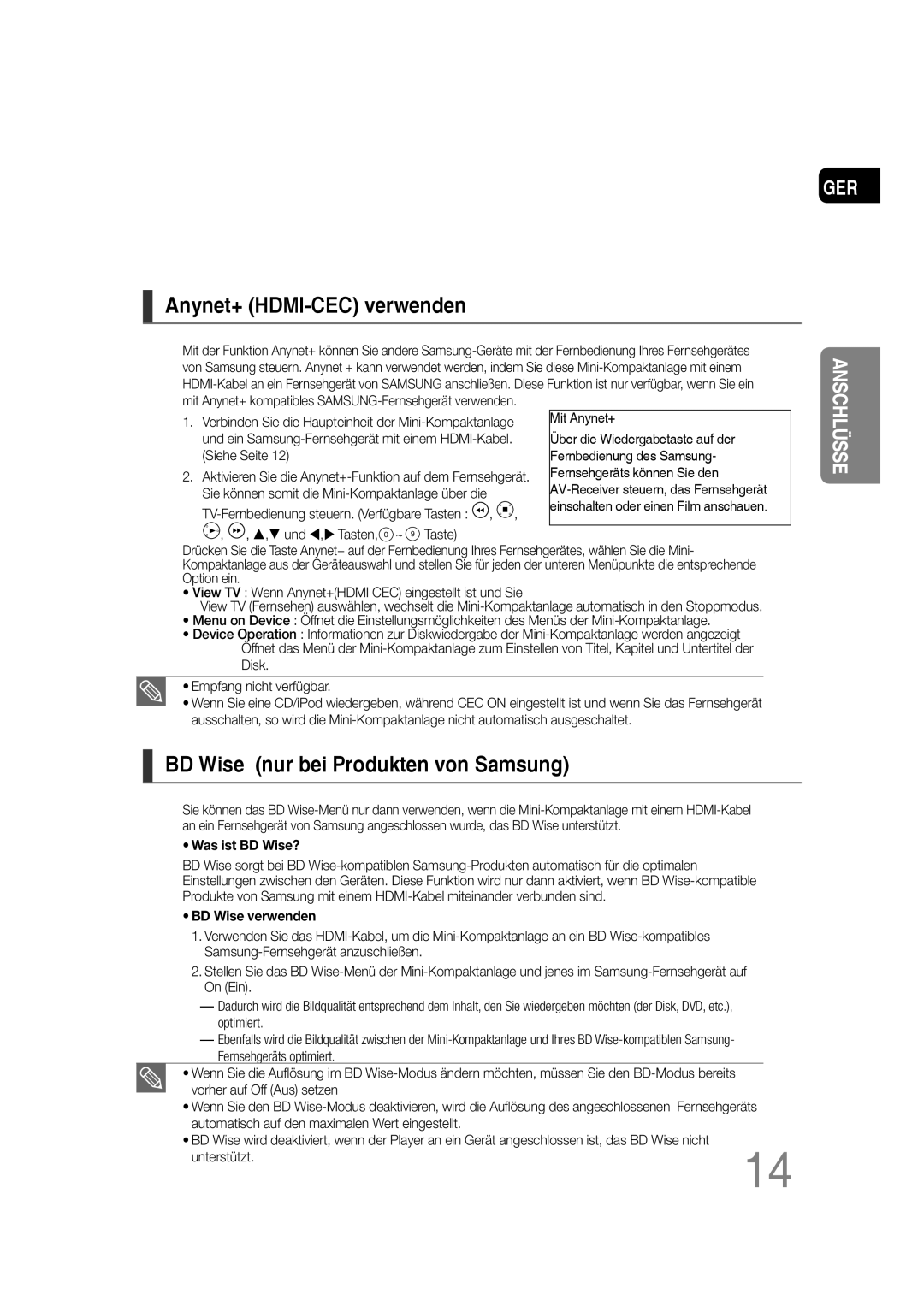 Samsung MM-D430D/XN, MM-D530D/XN, MM-D430D/EN, MM-D530D/EN Anynet+ HDMI-CEC verwenden, BD Wise nur bei Produkten von Samsung 