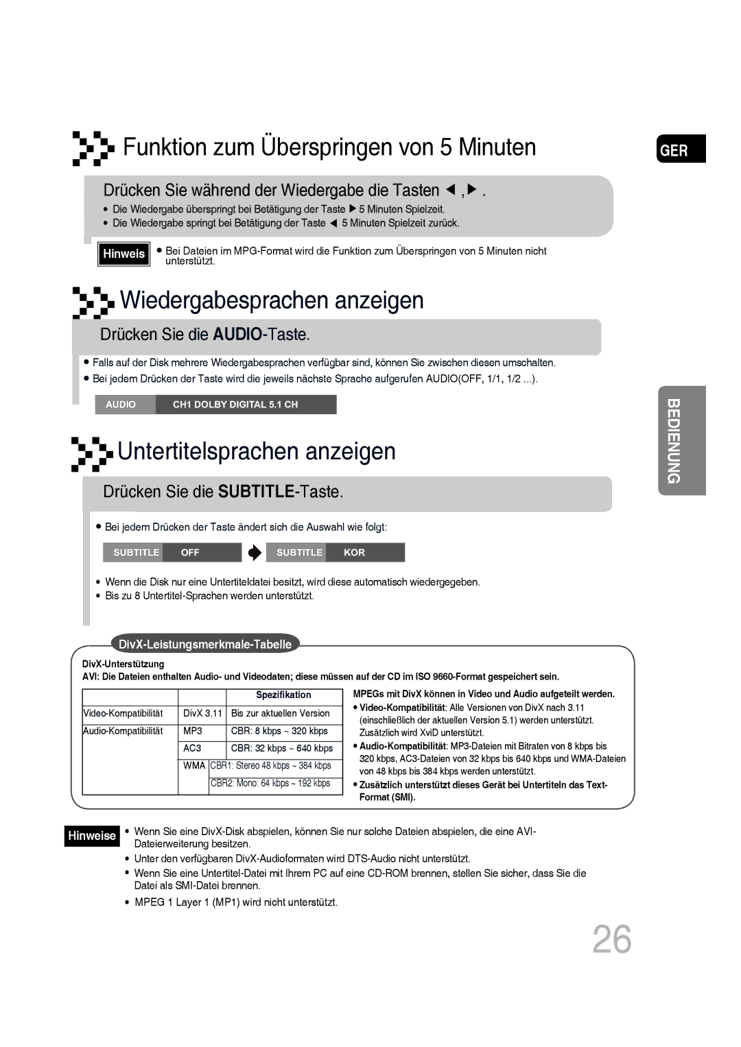 Samsung MM-D530D/XN, MM-D430D/EN, MM-D430D/XN, MM-D530D/EN manual Drücken Sie die AUDIO-Taste, Drücken Sie die SUBTITLE-Taste 