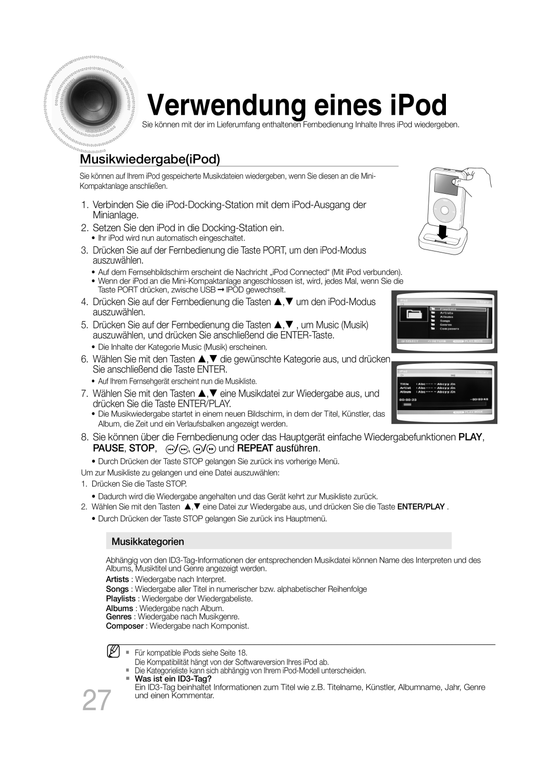 Samsung MM-D430D/EN, MM-D530D/XN, MM-D430D/XN, MM-D530D/EN, MM-D430D/ZX manual Verwendung eines iPod, MusikwiedergabeiPod 