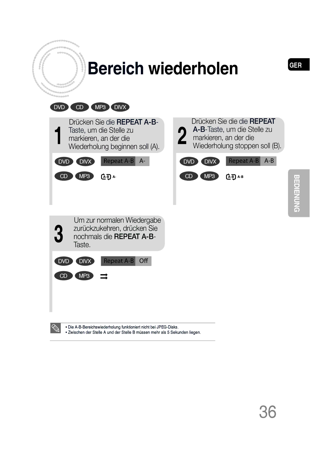 Samsung MM-D530D/EN, MM-D530D/XN, MM-D430D/EN, MM-D430D/XN, MM-D430D/ZX manual Bereich wiederholen, Drücken Sie die Repeat A-B 