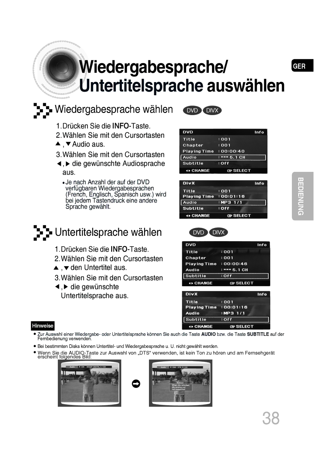 Samsung MM-D530D/RU, MM-D530D/XN manual Wiedergabesprache/ GER Untertitelsprache auswählen, Drücken Sie die INFO-Taste 