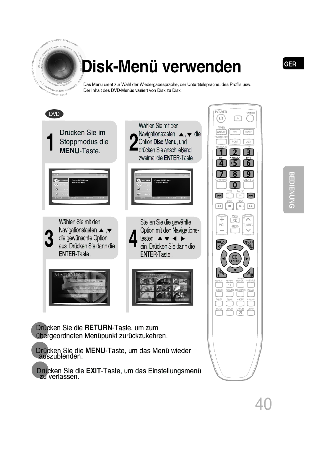 Samsung MM-D530D/XN, MM-D430D/EN manual Disk -Menü verwenden, Drücken Sie im, Wählen Sie mit den, Stellen Sie die gewählte 