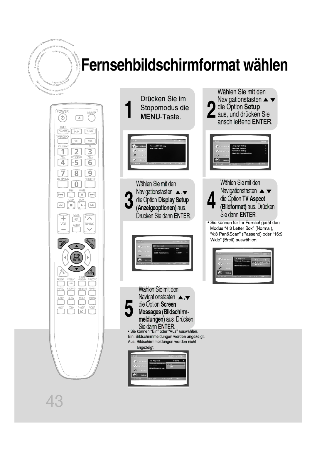 Samsung MM-D530D/EN, MM-D530D/XN, MM-D430D/EN, MM-D430D/XN manual Drücken Sie dann Enter Wählen Sie mit den, Die Option Screen 