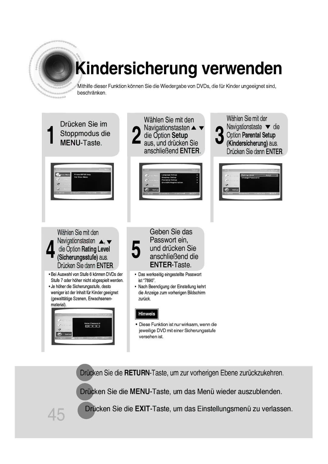 Samsung MM-D530D/RU, MM-D530D/XN, MM-D430D/EN manual Kindersicherung verwenden, Wählen Sie mit der, Passwort ein, ENTER-Taste 