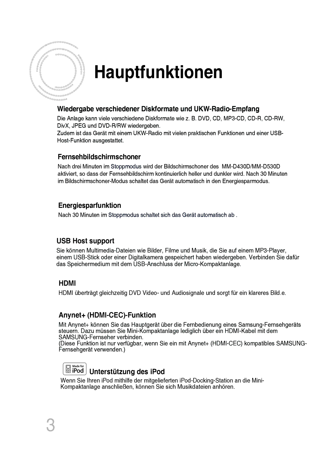 Samsung MM-D530D/RU, MM-D530D/XN, MM-D430D/EN Hauptfunktionen, Wiedergabe verschiedener Diskformate und UKW-Radio-Empfang 