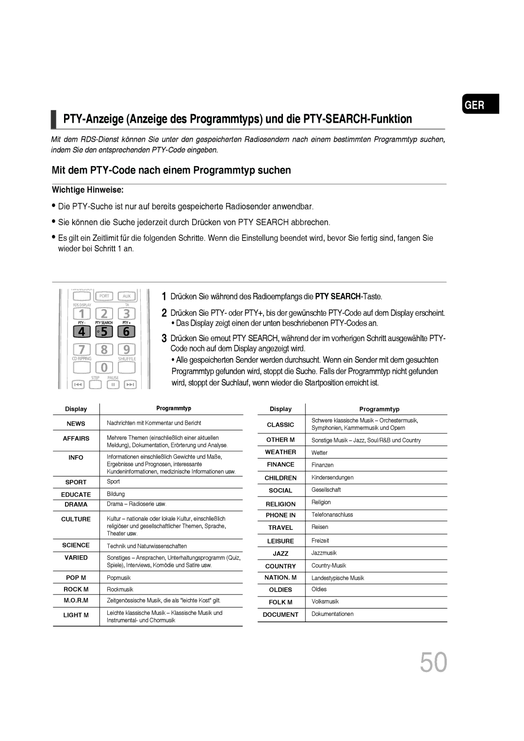 Samsung MM-D530D/EN, MM-D530D/XN, MM-D430D/EN, MM-D430D/XN, MM-D430D/ZX manual Mit dem PTY-Code nach einem Programmtyp suchen 