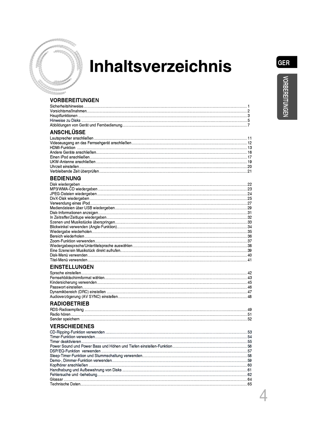 Samsung MM-D430D/ZF, MM-D530D/XN, MM-D430D/EN, MM-D430D/XN, MM-D530D/EN, MM-D430D/ZX manual Inhaltsverzeichnis, Vorbereitungen 